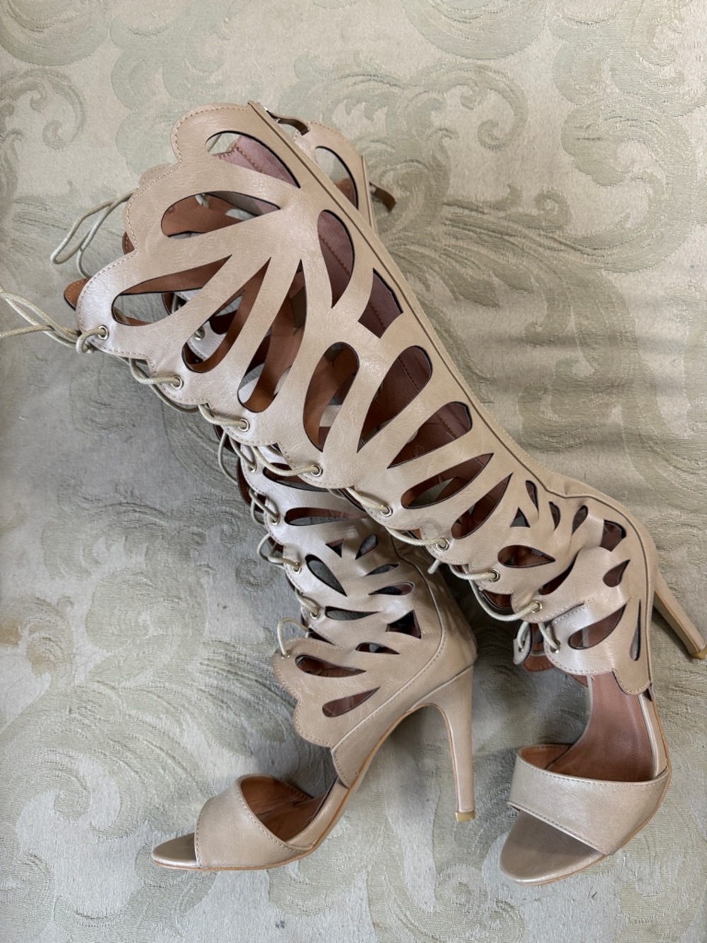 Gladiator Style Cutout Lace-Up Knee-High Heels in Neutral Beige. 3” Heel.